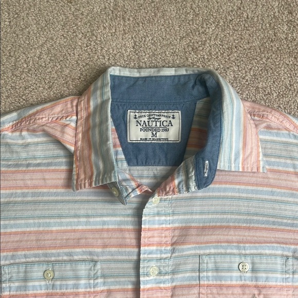 Nautica Casual Blue and Pink Striped Button Down Shirt - Picture 2 of 5